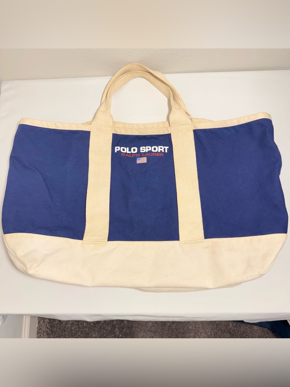 Polo by Ralph Lauren Blue and Cream Canvas Tote Vintage